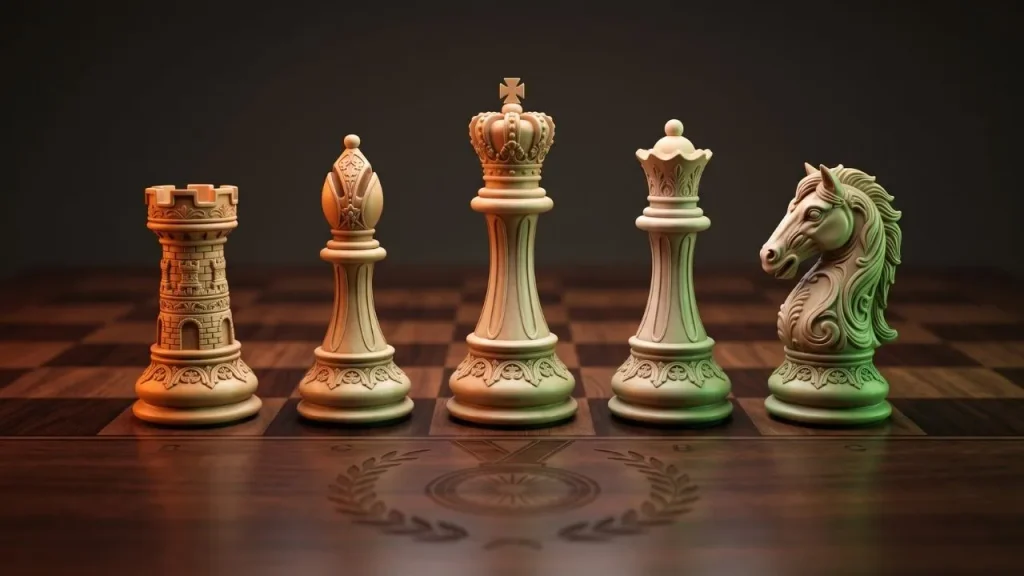 Five carved chess pieces in a row representing India's Chess Olympiad 2026 team, Erigaisi, Praggnanandhaa, Nihal Sarin, Gukesh and Vidit Gujrathi.
