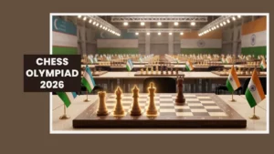Chess Olympiad 2026 tournament hall with Indian and Uzbek flags, board showing a lone king standing fourth in line among the pieces