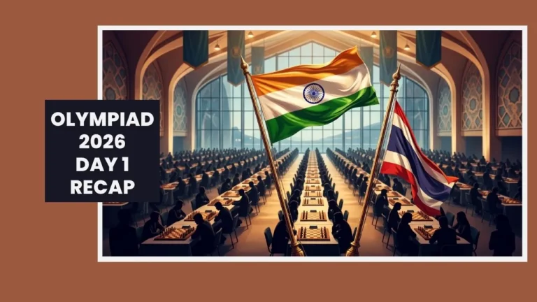 India's flag rises above Thailand's inside a packed Samarkand hall, showcasing the Chess Olympiad 2026 Day 1 results.