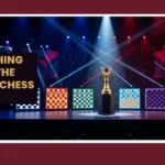 A gold trophy on stage surrounded by six coloured chessboards, representing the Global Chess League's franchise format