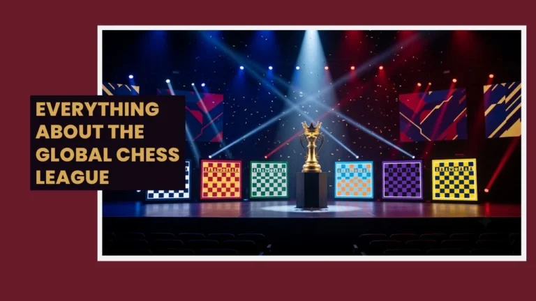 A gold trophy on stage surrounded by six coloured chessboards, representing the Global Chess League's franchise format