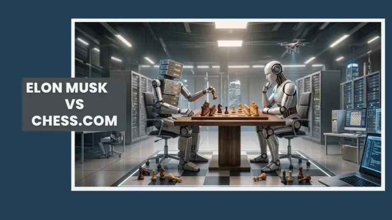 AI-generated illustration of two robot chess players facing off in a server room, representing the Elon Musk vs. Chess.com debate over whether chess can be solved