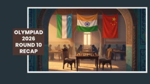 India, Uzbekistan and China flags over a chess hall at Chess Olympiad 2026 Round 10
