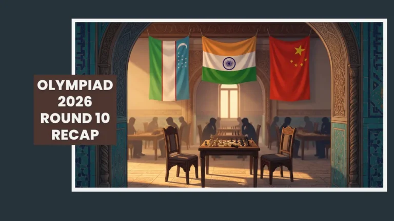 India, Uzbekistan and China flags over a chess hall at Chess Olympiad 2026 Round 10