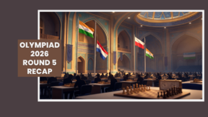 AI illustration of a playing hall at Chess Olympiad 2026 Round 5, with Indian, Dutch and Polish flags above rows of chess boards