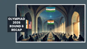 AI illustration of a playing hall at Chess Olympiad 2026 Round 6, with Indian, Uzbek and US flags above rows of chess boards