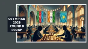 India, Azerbaijan and Kazakhstan flags over a tournament hall, illustrating Chess Olympiad 2026 Round 8