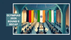 India, Germany and Uzbekistan flags over a chess hall, illustrating Chess Olympiad 2026 Round 9