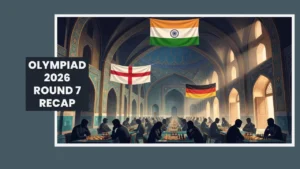 AI illustration of a playing hall at Chess Olympiad 2026 Round 7, with Indian, English and German flags above rows of chess boards