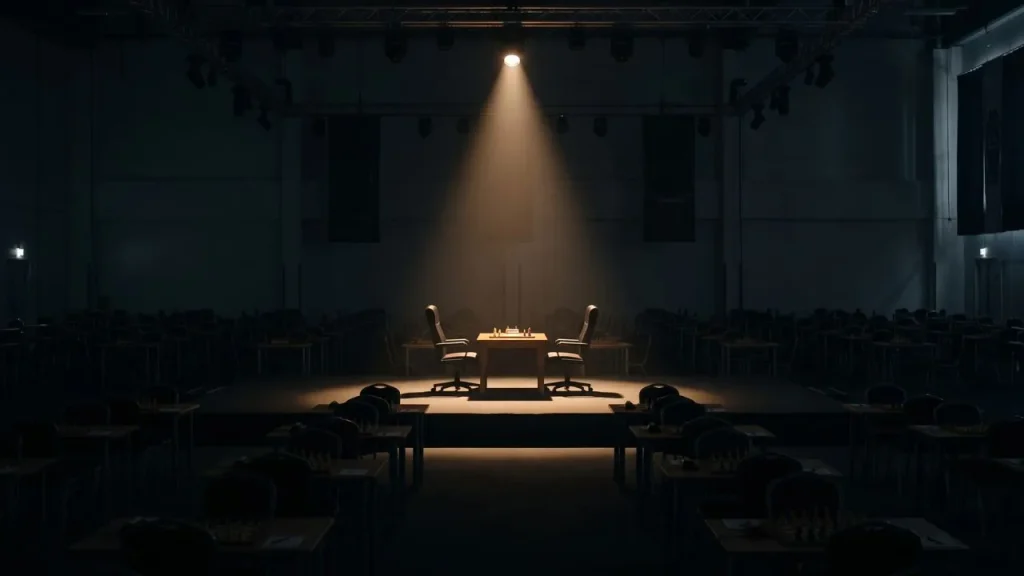 Empty spotlighted chess table in a dark tournament hall, symbolising the storylines still to unfold at Chess Olympiad 2026
