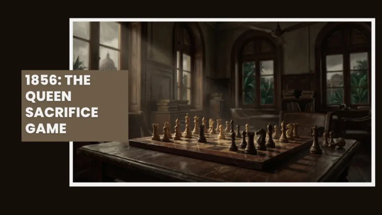 AI-generated illustration of a 19th-century chessboard mid-game in a colonial-era Calcutta room, evoking the 1856 Cochrane vs. Ghatak game