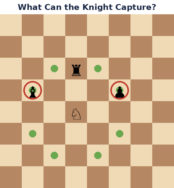 An illustration showing how a Knight can capture pieces on a chess board