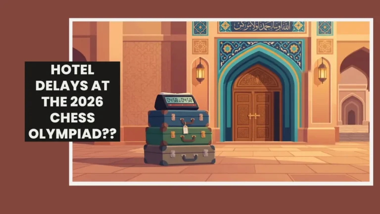 An Illustration representing hotel delays at the 2026 Samarkand Chess Olympiad