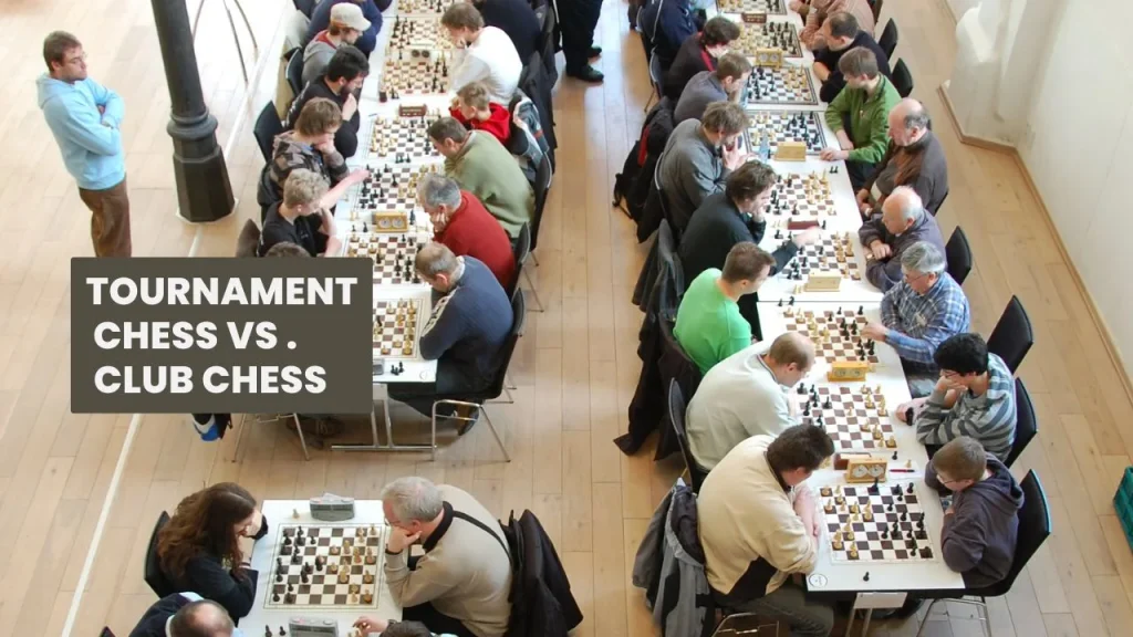 Overhead view of players and chess clocks in a tournament hall, showing tournament chess vs club chess