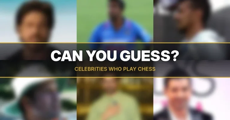 Blurred photo collage of six Indian celebrities with "Can You Guess? Celebrities Who Play Chess" text overlay, featured image for Chess Bharat article