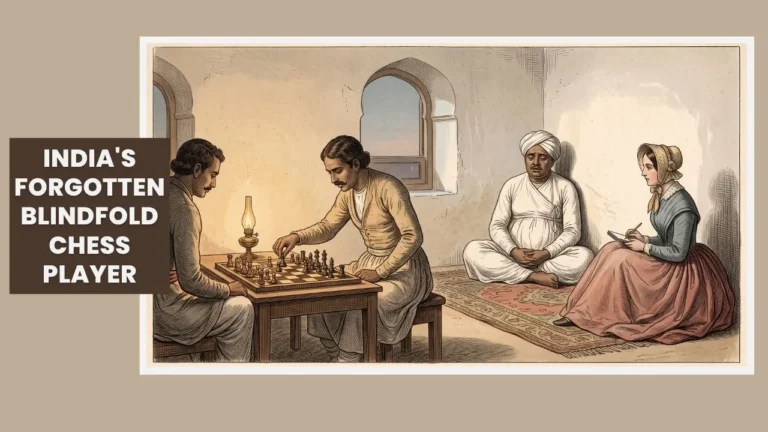 Ai generated Illustration of Ramdass sitting apart from a chess game while an English woman watches and writes, western India, 1830s