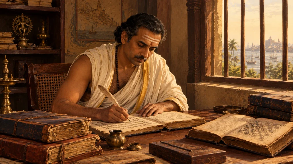 AI Generated illustration of Trivengadacharya Shastri writing a Sanskrit chess manuscript at a desk, with 19th-century Bombay harbour visible through the window