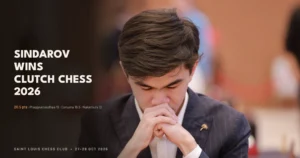 Javokhir Sindarov sits in deep concentration with his hands clasped, having just won Clutch Chess Champions Showdown 2026 on Day Three at the Saint Louis Chess Club.
