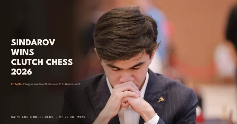 Javokhir Sindarov sits in deep concentration with his hands clasped, having just won Clutch Chess Champions Showdown 2026 on Day Three at the Saint Louis Chess Club.