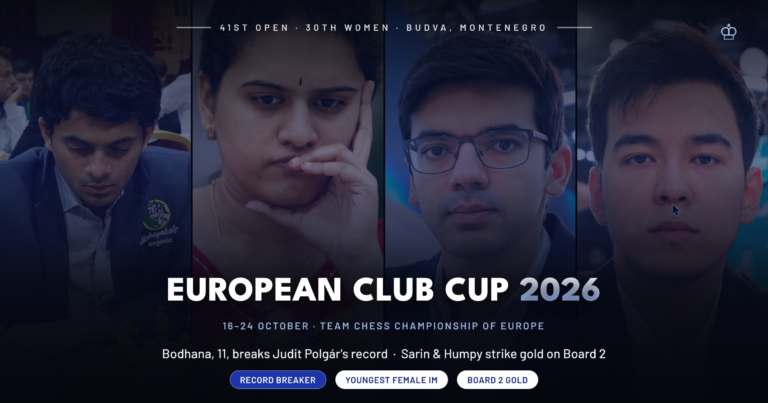 Collage of chess grandmasters Nihal Sarin, Koneru Humpy, Anish Giri and Nodirbek Abdusattorov under the title “European Club Cup 2026,” on a dark blue background with “Budva, Montenegro” and the tournament dates.